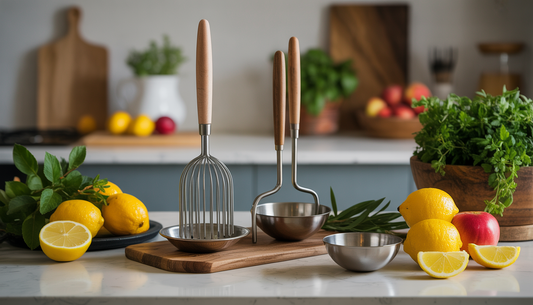 Verve Culture's artisan kitchen tools with a lemon squeezer on a countertop with fruits and herbs.