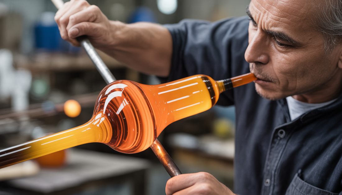 An artisan shaping molten glass on a blowpipe, showcasing intense focus and skill in a workshop setting.