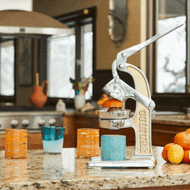 White and cream citrus juicer with lever handle on granite countertop surrounded by oranges and juice glasses.