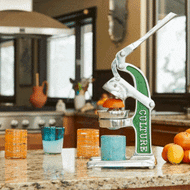 White and green manual citrus juicer with lever mechanism on granite countertop, oranges beside it.