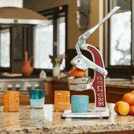 Red and silver manual citrus juicer with curved lever arm on granite countertop with fresh oranges nearby.
