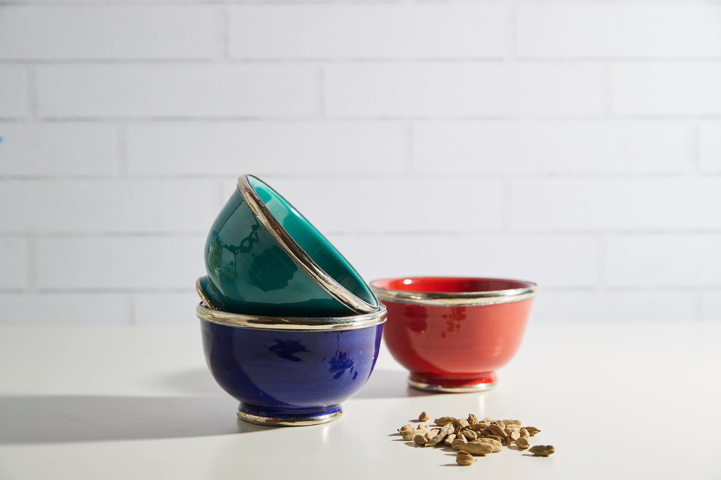 Moroccan Glazed Bowls with Berber Silver Trim- Set of 3