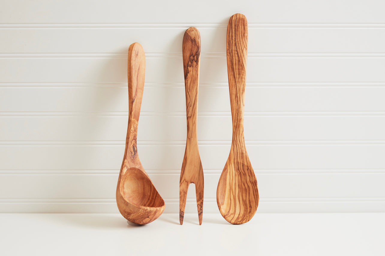 UTENSIL SET: OLIVE Design - Hard Wood with Hand Painted Ceramic Handle 