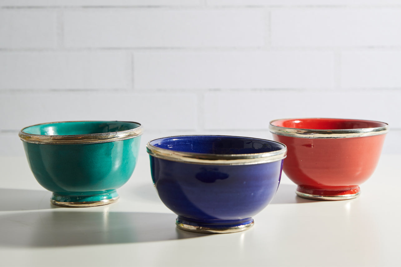 Moroccan Glazed Bowls with Berber Silver Trim- Set of 3