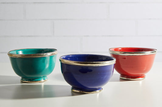 Moroccan Glazed Bowls with Berber Silver Trim- Set of 3