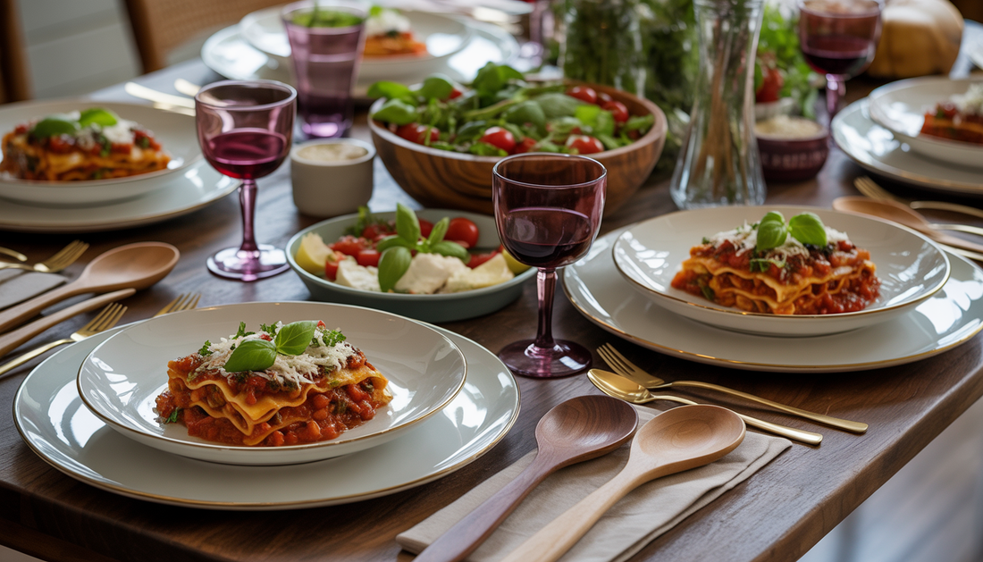 An Italian dinner table with lasagna, risotto, and bruschetta, featuring artisan wooden spoons and an olivewood salad bowl.