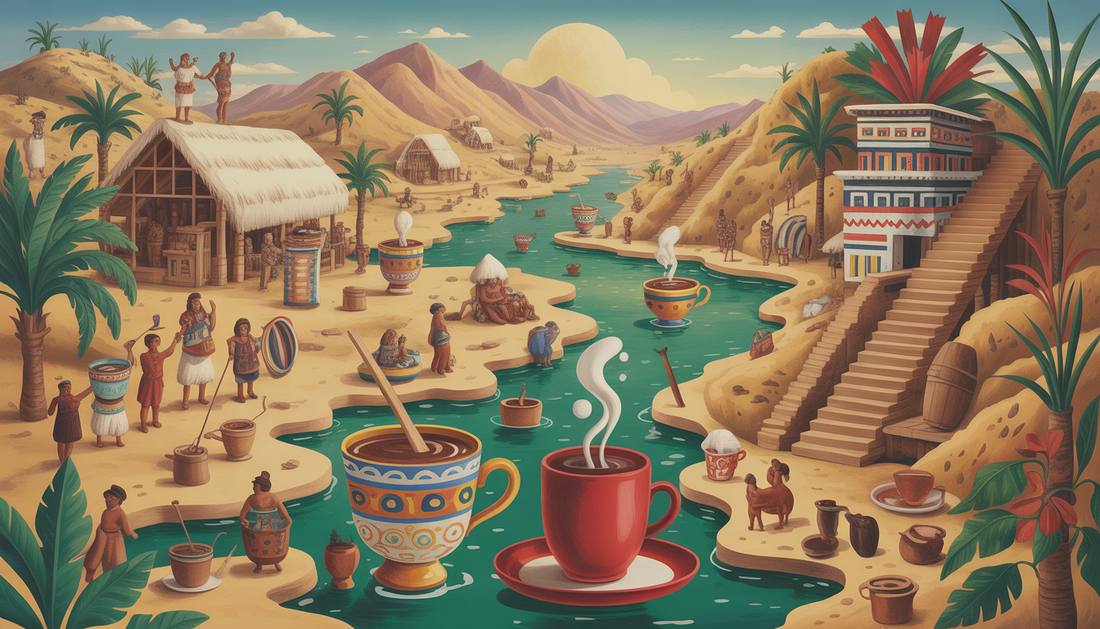 An artistic illustration showing the historical journey of hot chocolate from Mesoamerica to Europe.