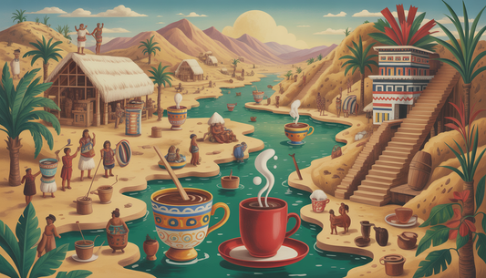 An artistic illustration showing the historical journey of hot chocolate from Mesoamerica to Europe.