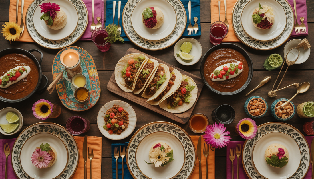 Tabletop with a Mexican feast, showcasing tacos and mole on artisan dinnerware with decorative elements.