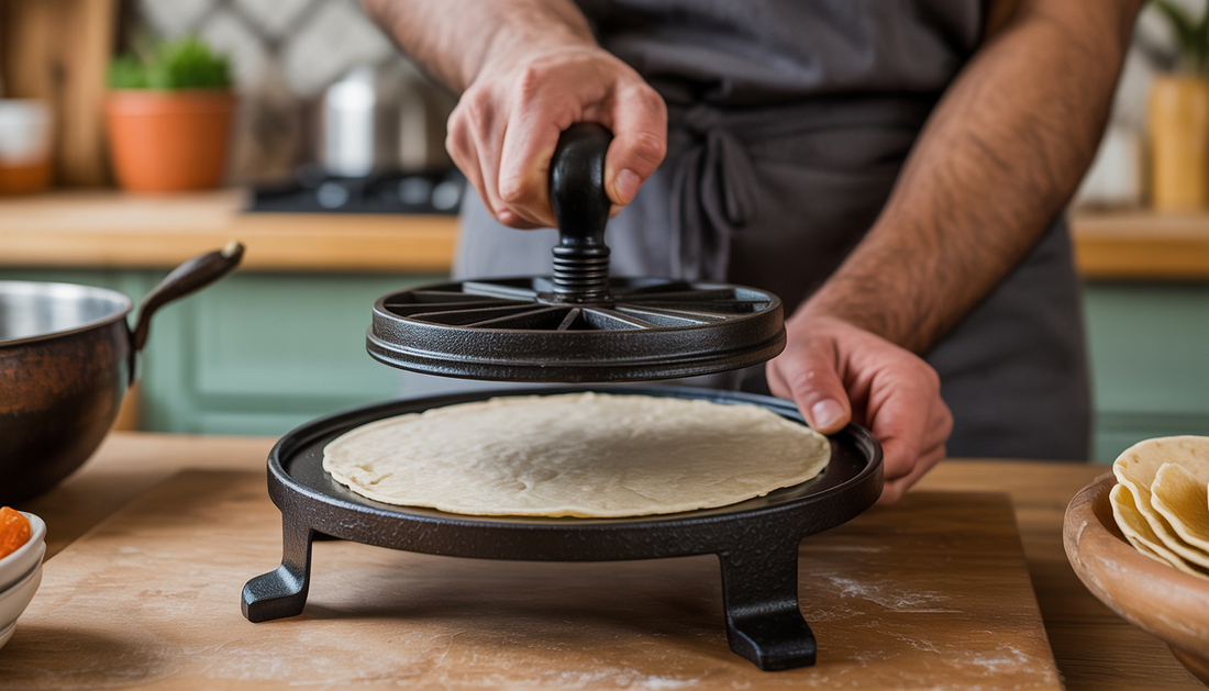 Person using a cast iron tortilla press in a cozy kitchen, highlighting the tortilla-making process.