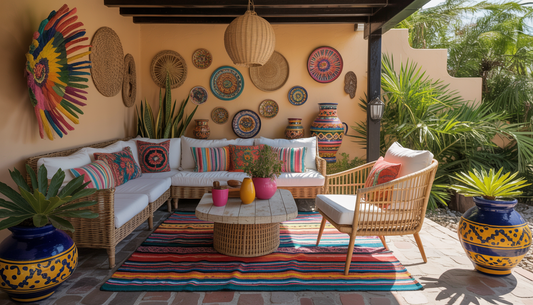 An outdoor patio with Mexican style decor, including colorful textiles, woven baskets, and pottery.