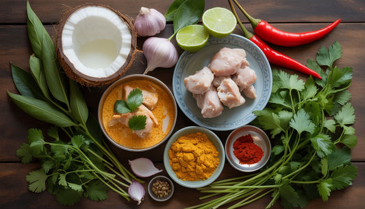 A flat lay of vibrant ingredients for Thai chicken curry, including coconut milk, curry paste, and fresh herbs, arranged on a wooden surface.