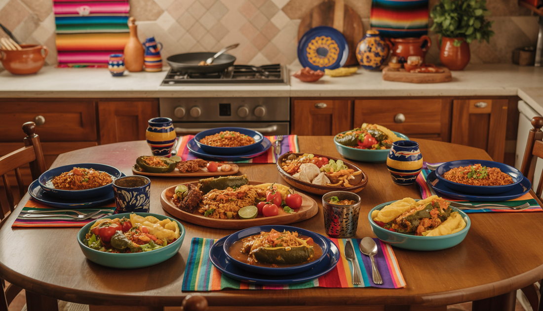 A Mexican family dinner table with colorful dishes and vibrant decorations, showcasing chiles rellenos, fajitas, and rice bowls in a cozy kitchen.