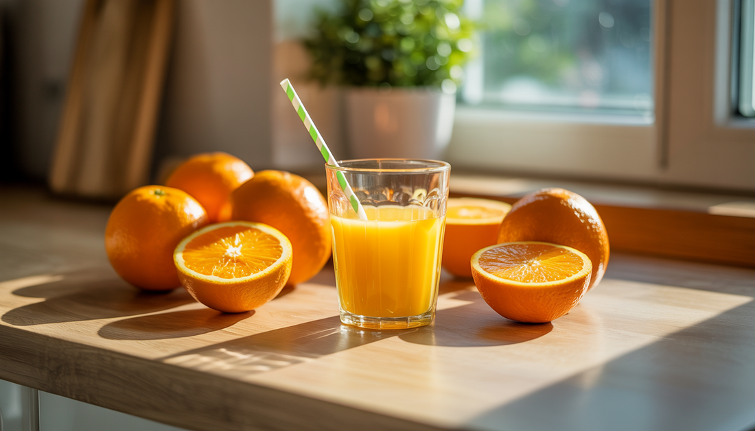 A kitchen countertop with a glass of freshly squeezed orange juice and oranges, illuminated by sunlight streaming through a window.