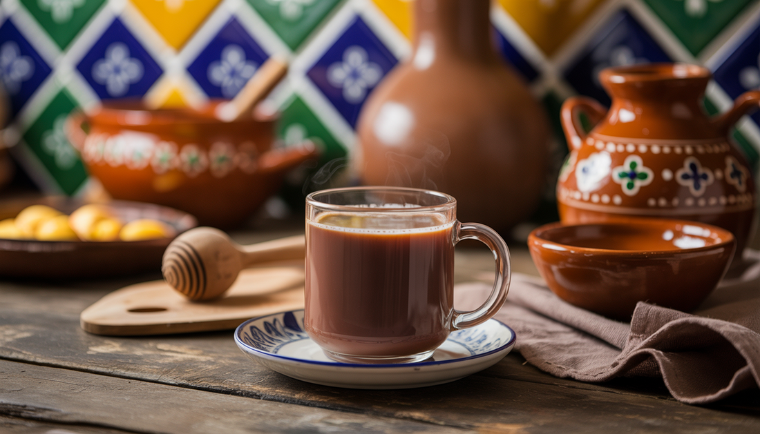 A warm mug of champurrado on a wooden table with traditional Mexican utensils and vibrant tiles in the background.