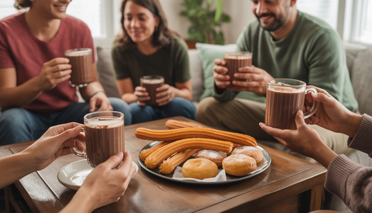 Friends enjoying Mexican hot chocolate with churros and pan dulce in a warmly lit living room.