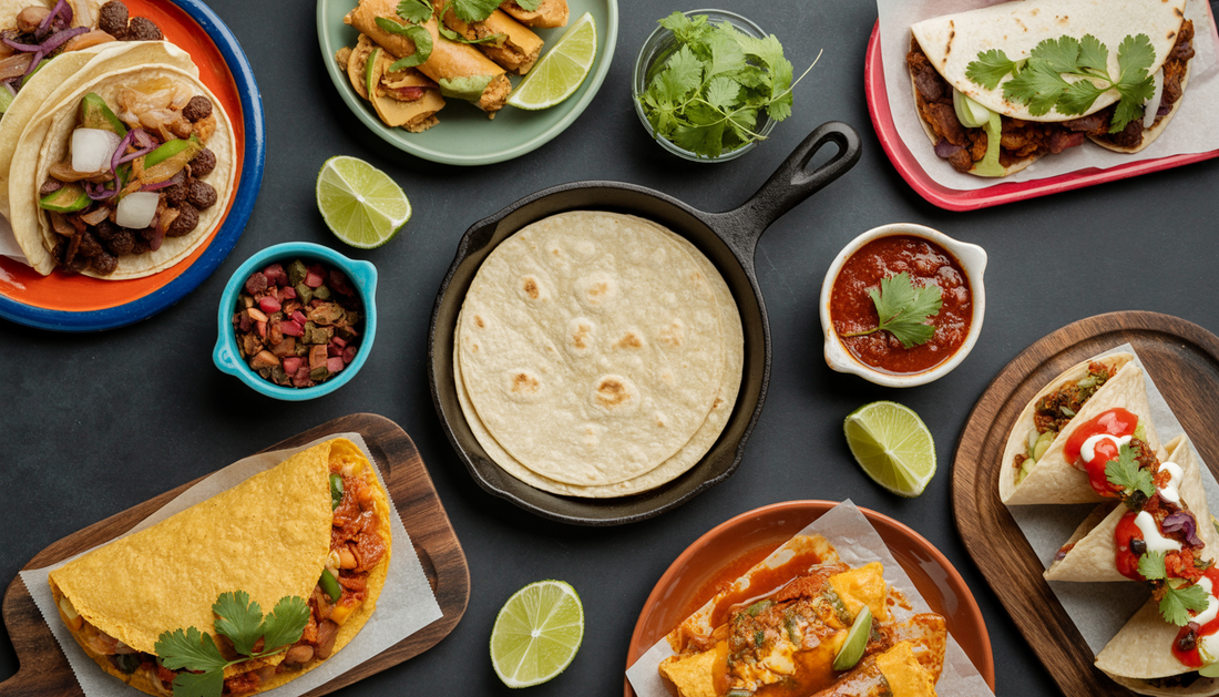 Flat lay of tacos, quesadillas, and enchiladas around a tortilla iron skillet, highlighting Mexican culinary diversity.
