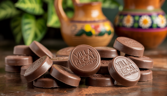 Close-up of round Villa Real Mexican Hot Chocolate tablets with almond and vanilla, set against a traditional Oaxacan kitchen backdrop with pottery and plants.