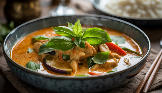 Steaming bowl of Thai curry with chicken and vegetables, garnished with basil and cilantro, accompanied by jasmine rice.