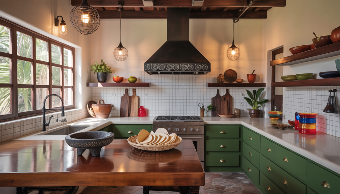 A modern Mexican kitchen featuring a Molcajete with a tortilla basket, wrought iron lighting, and colorful glass accents, blending rustic and sleek elements.