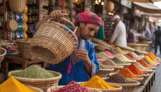A Moroccan spice market with an artisan weaving a basket from palm leaves, surrounded by colorful spices and handcrafted goods.