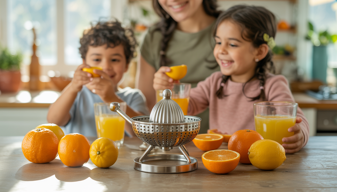 A family in a sunlit kitchen enjoying fresh citrus juice, with a crafted citrus press and fruits on the table, reflecting joy and cultural elements.