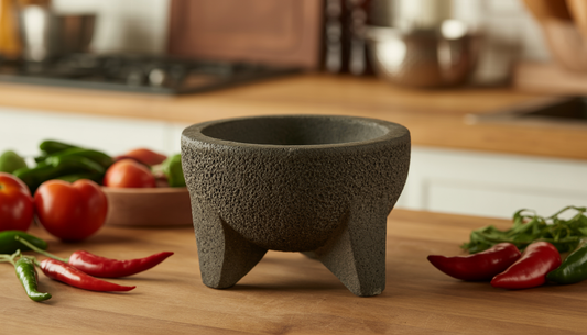 A traditional Mexican molcajete on a wooden countertop with fresh tomatoes and chilies, highlighting its volcanic stone texture.