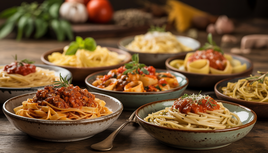 Traditional Italian pasta dishes like Tagliatelle, Orecchiette, and Spaghetti in rustic bowls with herbs and spices.