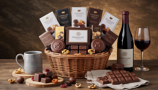 A gourmet gift basket with chocolates, nuts, fruits, wine, and a handmade mug.