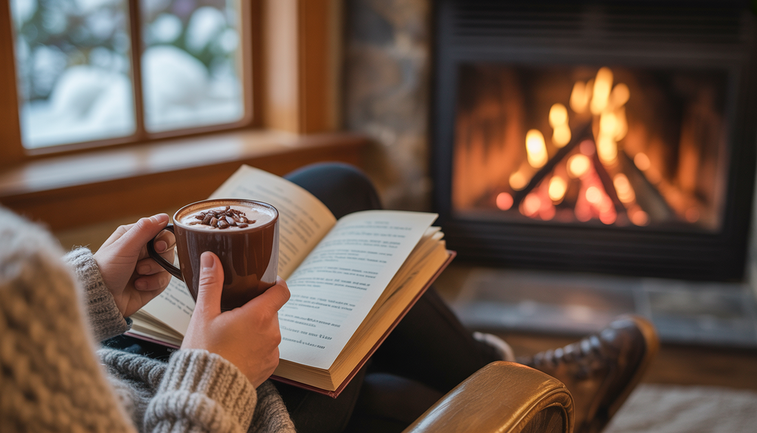 A person sipping hot chocolate and reading by a fireplace, with snow falling outside, creating a cozy and relaxing atmosphere.