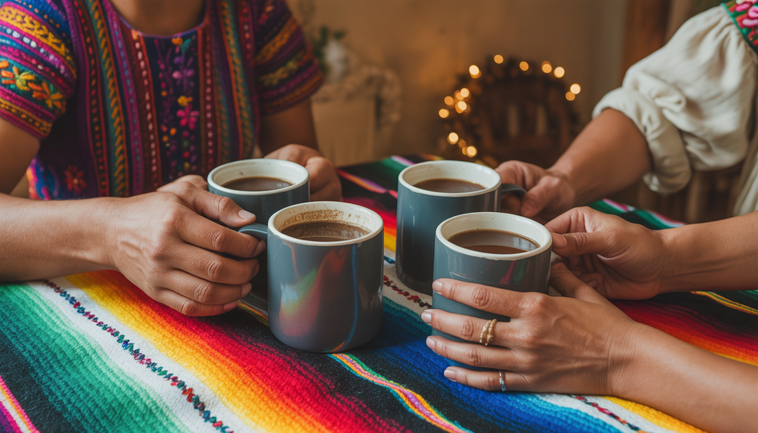 A family gathering around a table, sharing champurrado, with traditional Mexican textiles and a warm, festive atmosphere.