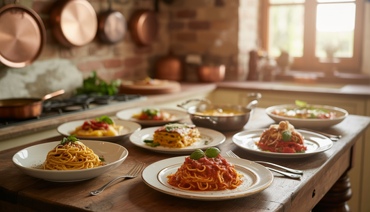 A cozy Italian kitchen with a wooden table displaying beautifully plated pasta dishes, surrounded by traditional decor and a view of a Tuscan landscape.