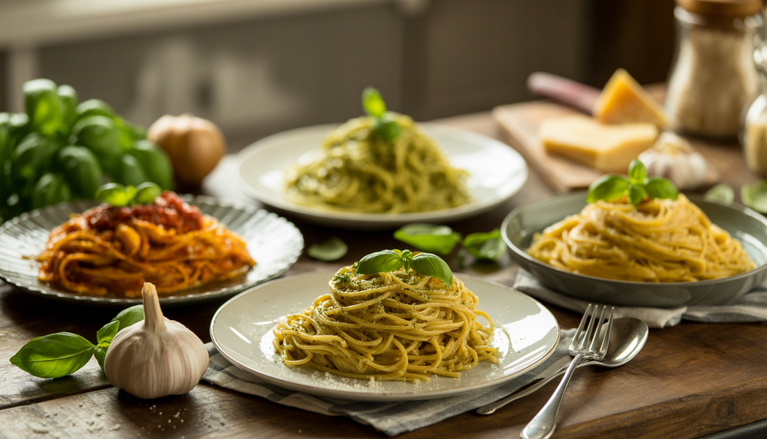 A rustic Italian kitchen table with various classic pasta dishes and fresh ingredients, illuminated by natural light.