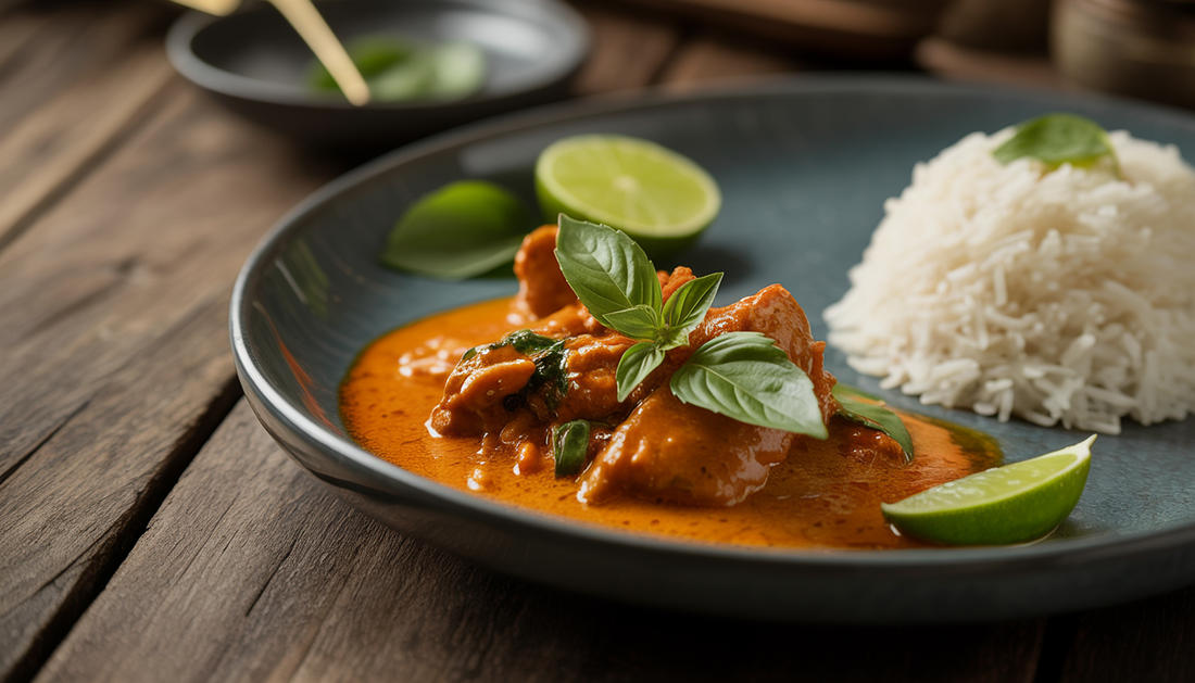 Close-up photo of a plated Thai Panang curry with basil and lime leaves, accompanied by jasmine rice.