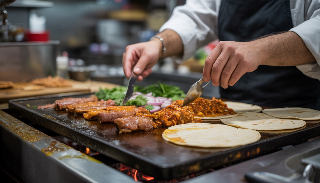 A chef grilling marinated pork for Tacos Al Pastor, with fresh tortillas and toppings in a busy kitchen setting.
