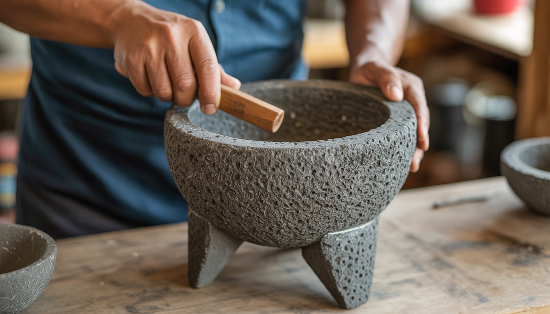An artisan skillfully carving a molcajete from volcanic stone, highlighting the detailed craftsmanship.