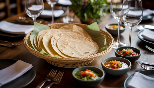A dining table with homemade tortillas in a stylish basket, surrounded by bowls of salsas and garnishes, creating a cozy and sophisticated atmosphere.