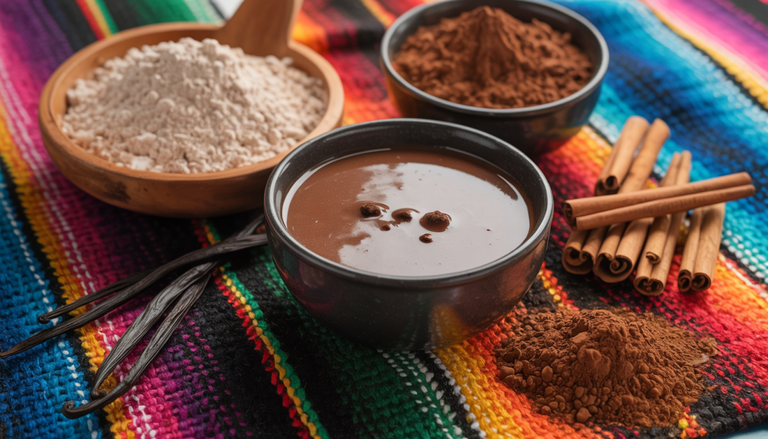 Ingredients for Champurrado on a Mexican textile: masa harina, cacao, cinnamon sticks, and vanilla beans.