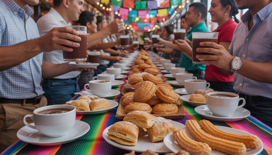 Festive Mexican gathering with people enjoying champurrado and pastries, set against colorful decorations.