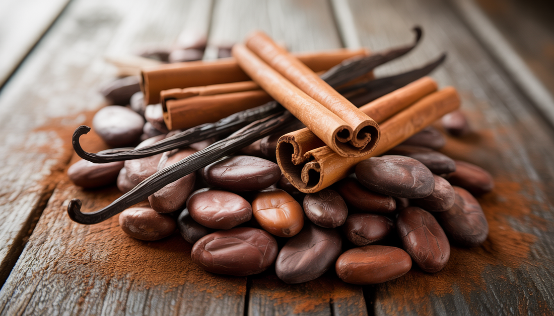 Close-up of cocoa beans, cinnamon sticks, and vanilla pods on a wooden table, highlighting the ingredients of Mexican hot chocolate.