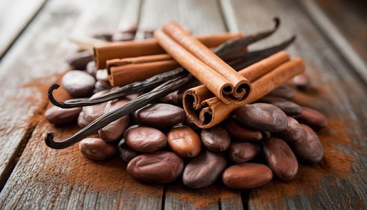 Close-up of cocoa beans, cinnamon sticks, and vanilla pods on a wooden table, highlighting the ingredients of Mexican hot chocolate.