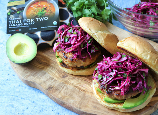 Colorful Panang Curry Chicken Burgers with Purple Cabbage Slaw