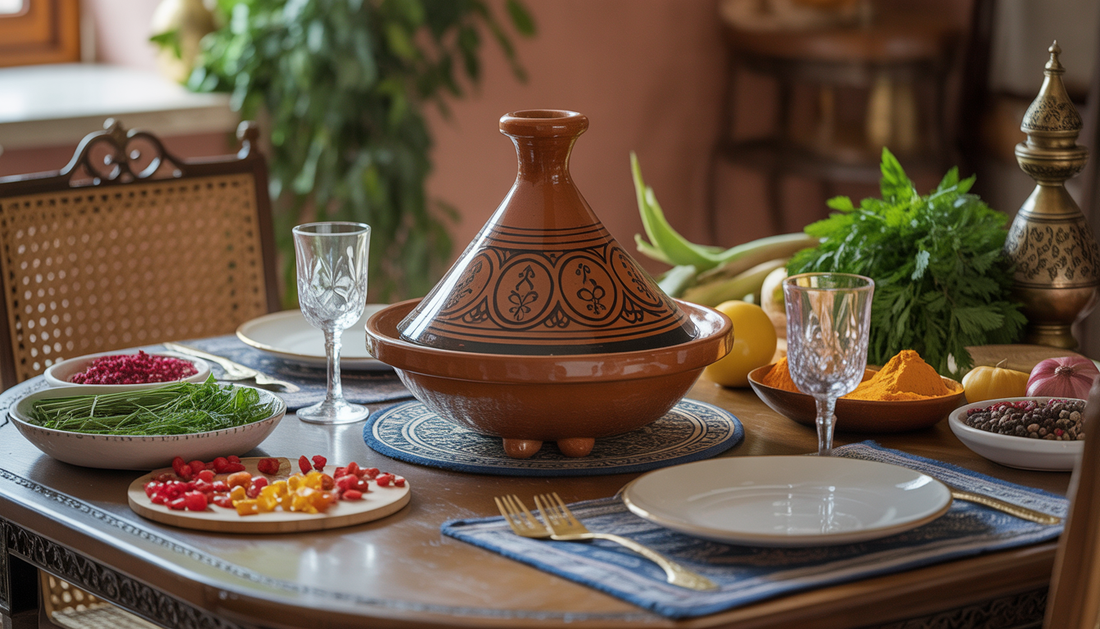 A Moroccan dining table with a tagine pot, handblown glasses, and artisan tools, surrounded by spices and fresh ingredients.