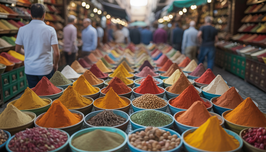 A bustling Moroccan spice market with stalls of colorful spices such as saffron, cumin, and coriander, capturing the lively and diverse atmosphere.