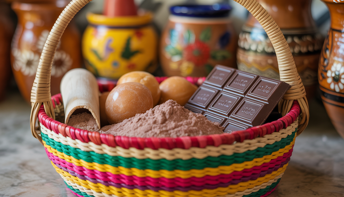 A handwoven Mexican basket holding ingredients for champurrado, set against a backdrop of traditional Mexican pottery.