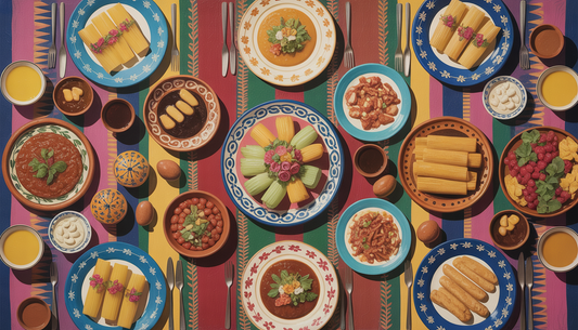 A festive Mexican dinner table with tamales, enchiladas, and churros, set with colorful textiles and pottery.