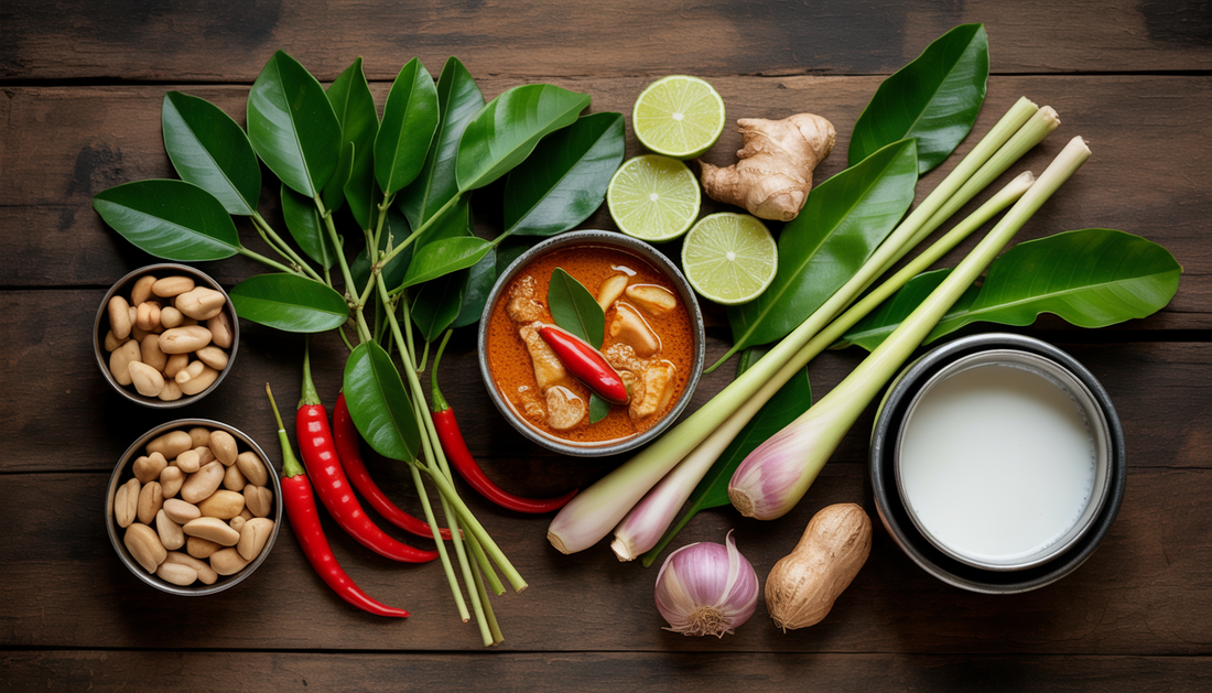 Flat lay of fresh Panang curry ingredients on a wooden table, showcasing kaffir lime leaves, red chilies, lemongrass, galangal, coconut milk, and peanuts.