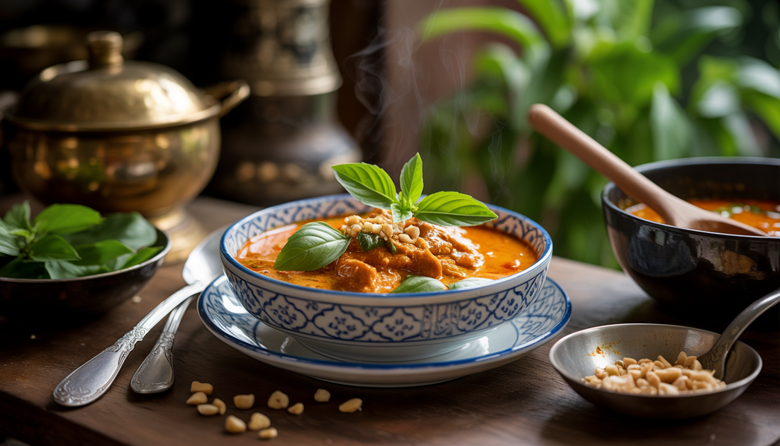 Steaming bowl of Panang curry garnished with Thai basil and peanuts, with traditional Thai utensils and green plants in the background.