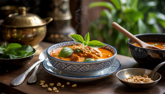 Steaming bowl of Panang curry garnished with Thai basil and peanuts, with traditional Thai utensils and green plants in the background.