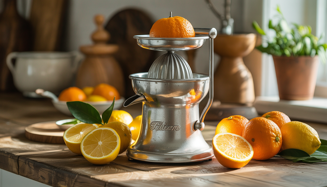 A cast aluminum juicer with fresh oranges and lemons on a rustic kitchen countertop, highlighting the product's elegance and functionality.